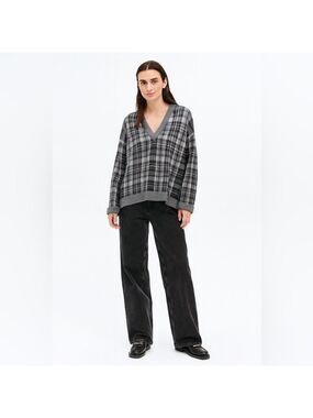 Banana REPUBLIC Wool Blend with Mohair Boxy Oversized Plaid Vee Neck Sweater XS